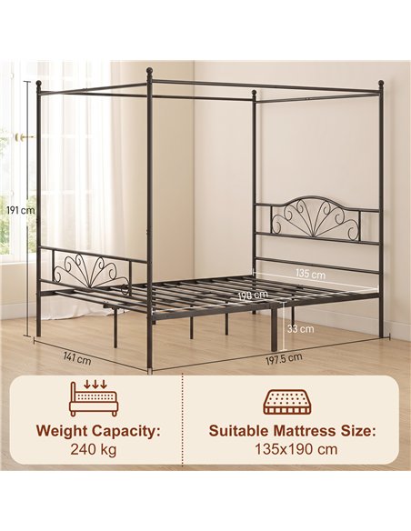 HOMCOM Canopy Bed Frame Double Size, Metal Platform Bed Frame with Headboard and Footboard, Underbed Storage, Black - pic 207488 | FastDaddyshop