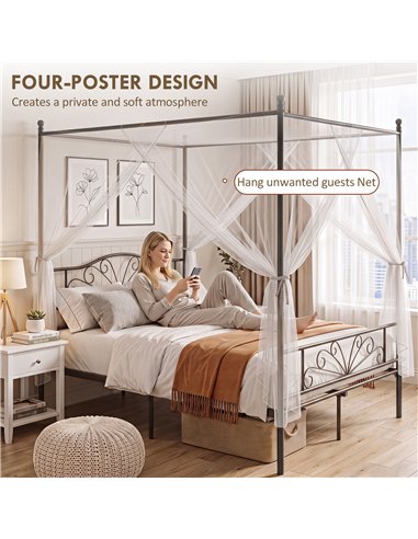 HOMCOM Canopy Bed Frame Double Size, Metal Platform Bed Frame with Headboard and Footboard, Underbed Storage, Black