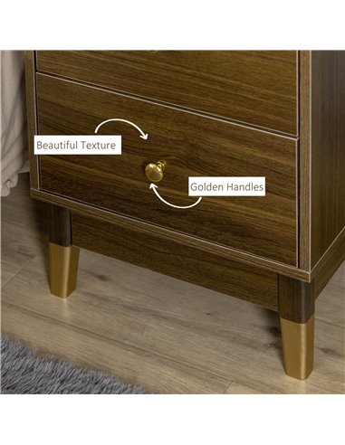 HOMCOM Modern Bedside Table, Bedside Cabinet with 2 Drawers, Storage Organiser for Bedroom, Living Room, Brown and Gold