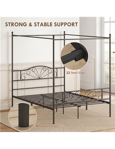 HOMCOM Canopy Bed Frame Double Size, Metal Platform Bed Frame with Headboard and Footboard, Underbed Storage, Black