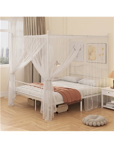 HOMCOM Canopy Bed Frame King Size, Metal Platform Bed Frame with Headboard and Footboard, Underbed Storage, White