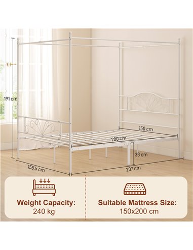 HOMCOM Canopy Bed Frame King Size, Metal Platform Bed Frame with Headboard and Footboard, Underbed Storage, White