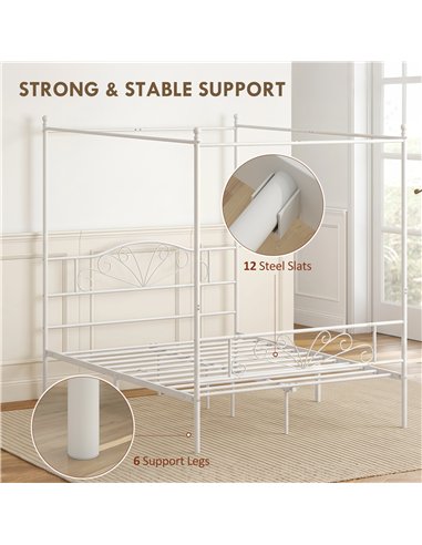HOMCOM Canopy Bed Frame King Size, Metal Platform Bed Frame with Headboard and Footboard, Underbed Storage, White