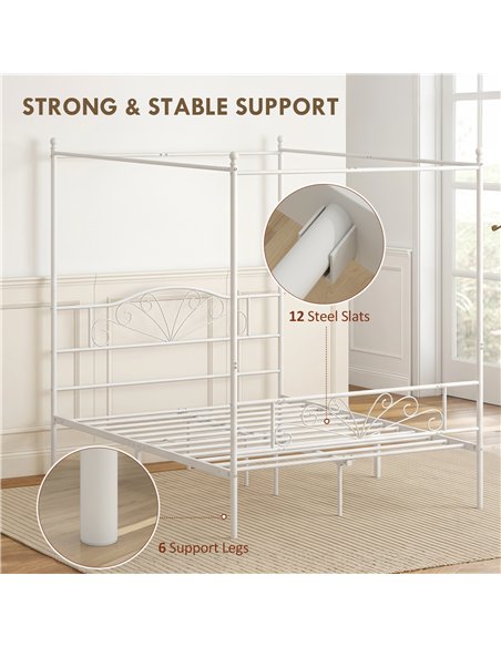 HOMCOM Canopy Bed Frame King Size, Metal Platform Bed Frame with Headboard and Footboard, Underbed Storage, White - pic 207500 | FastDaddyshop