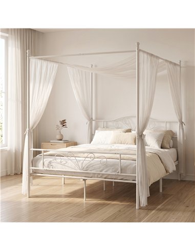 HOMCOM Canopy Bed Frame Double Size, Metal Platform Bed Frame with Headboard and Footboard, Underbed Storage, White