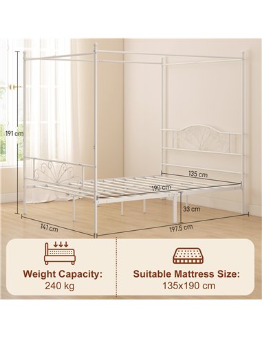 HOMCOM Canopy Bed Frame Double Size, Metal Platform Bed Frame with Headboard and Footboard, Underbed Storage, White