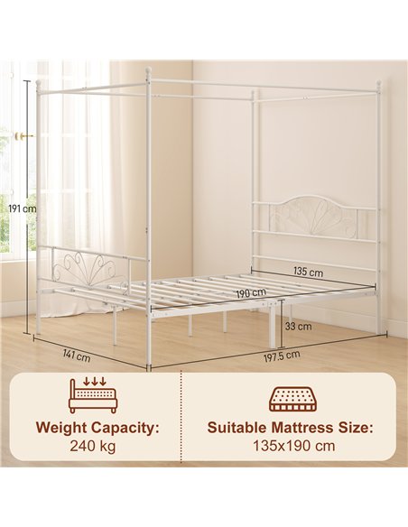 HOMCOM Canopy Bed Frame Double Size, Metal Platform Bed Frame with Headboard and Footboard, Underbed Storage, White - pic 207506 | FastDaddyshop