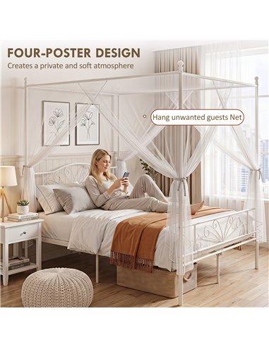 HOMCOM Canopy Bed Frame Double Size, Metal Platform Bed Frame with Headboard and Footboard, Underbed Storage, White