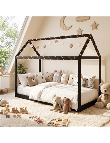 HOMCOM Single Bed Frame, House-Scandinavian-Style Wooden Bed Frame for 90W x 190D cm Mattress, Black