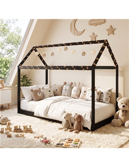 HOMCOM Single Bed Frame, House-Scandinavian-Style Wooden Bed Frame for 90W x 190D cm Mattress, Black - pic 207514 | FastDaddyshop