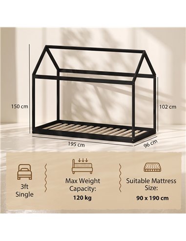 HOMCOM Single Bed Frame, House-Scandinavian-Style Wooden Bed Frame for 90W x 190D cm Mattress, Black