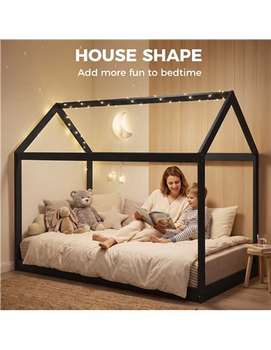 HOMCOM Single Bed Frame, House-Scandinavian-Style Wooden Bed Frame for 90W x 190D cm Mattress, Black