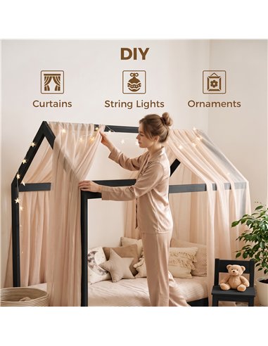 HOMCOM Single Bed Frame, House-Scandinavian-Style Wooden Bed Frame for 90W x 190D cm Mattress, Black
