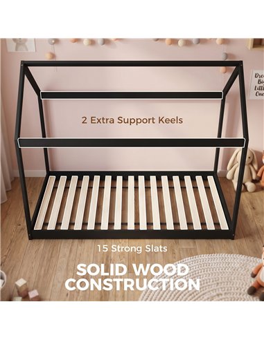 HOMCOM Single Bed Frame, House-Scandinavian-Style Wooden Bed Frame for 90W x 190D cm Mattress, Black
