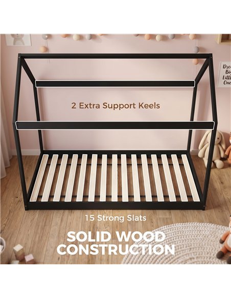 HOMCOM Single Bed Frame, House-Scandinavian-Style Wooden Bed Frame for 90W x 190D cm Mattress, Black - pic 207518 | FastDaddyshop