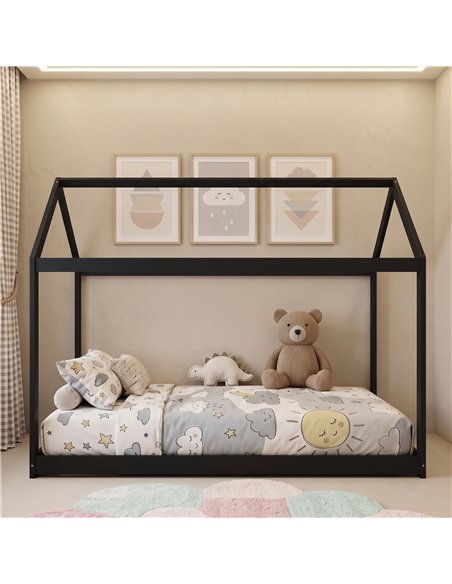 HOMCOM Single Bed Frame, House-Scandinavian-Style Wooden Bed Frame for 90W x 190D cm Mattress, Black - pic 207519 | FastDaddyshop