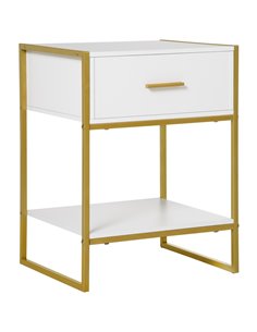 HOMCOM Modern Bedside Cabinet with Drawer Shelf, Storage Organizer, White and Gold