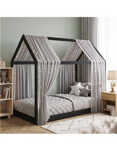 HOMCOM Single Bed Frame, House-Scandinavian-Style Wooden Bed Frame for 90W x 190D cm Mattress, Black