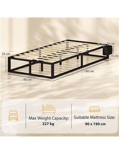 HOMCOM 12 Slats Metal Platform Bed Frame, 3ft Single Bed Frame with Storage Bag and Anti-Slip Pads, Black