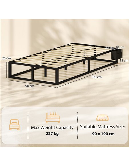 HOMCOM 12 Slats Metal Platform Bed Frame, 3ft Single Bed Frame with Storage Bag and Anti-Slip Pads, Black - pic 207524 | FastDaddyshop