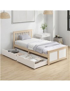 HOMCOM Pine Storage Bed, 3ft Single Solid Wooden Bed Frame with Drawers, Headboard, Wood Slat Support, Natural Wood Finish 2
