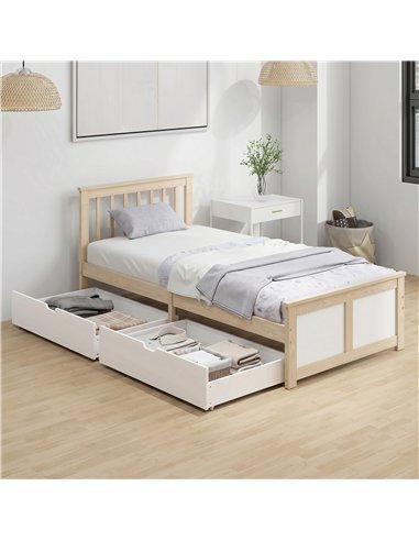 HOMCOM Pine Storage Bed, 3ft Single Solid Wooden Bed Frame with Drawers, Headboard, Wood Slat Support, Natural Wood Finish