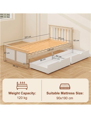 HOMCOM Pine Storage Bed, 3ft Single Solid Wooden Bed Frame with Drawers, Headboard, Wood Slat Support, Natural Wood Finish