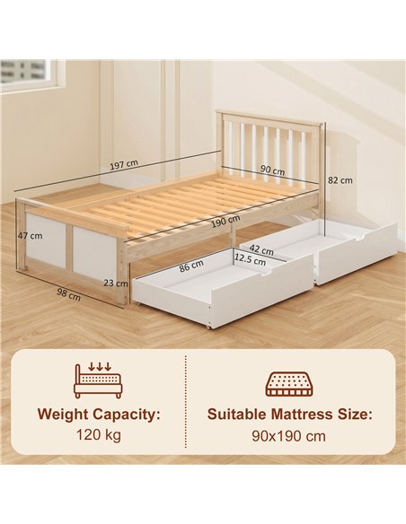 HOMCOM Pine Storage Bed, 3ft Single Solid Wooden Bed Frame with Drawers, Headboard, Wood Slat Support, Natural Wood Finish - pic 207533 | FastDaddyshop