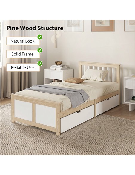 HOMCOM Pine Storage Bed, 3ft Single Solid Wooden Bed Frame with Drawers, Headboard, Wood Slat Support, Natural Wood Finish - pic 207534 | FastDaddyshop