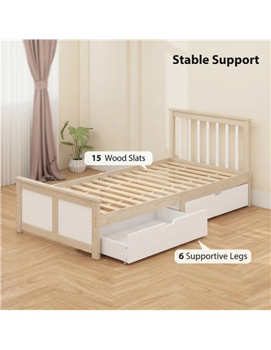 HOMCOM Pine Storage Bed, 3ft Single Solid Wooden Bed Frame with Drawers, Headboard, Wood Slat Support, Natural Wood Finish