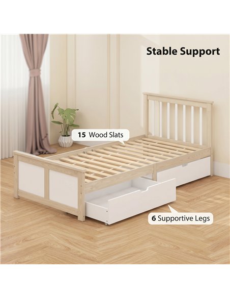 HOMCOM Pine Storage Bed, 3ft Single Solid Wooden Bed Frame with Drawers, Headboard, Wood Slat Support, Natural Wood Finish - pic 207535 | FastDaddyshop
