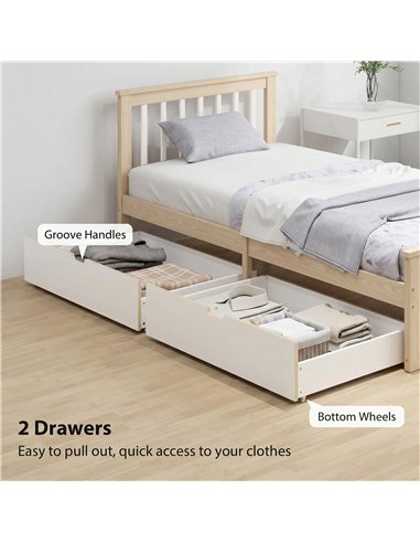 HOMCOM Pine Storage Bed, 3ft Single Solid Wooden Bed Frame with Drawers, Headboard, Wood Slat Support, Natural Wood Finish