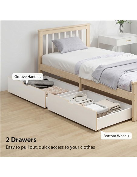 HOMCOM Pine Storage Bed, 3ft Single Solid Wooden Bed Frame with Drawers, Headboard, Wood Slat Support, Natural Wood Finish - pic 207536 | FastDaddyshop