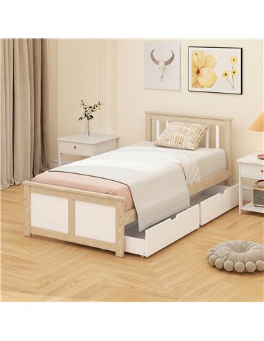 HOMCOM Pine Storage Bed, 3ft Single Solid Wooden Bed Frame with Drawers, Headboard, Wood Slat Support, Natural Wood Finish