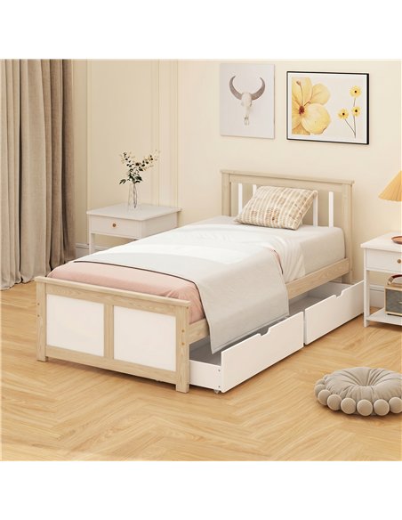 HOMCOM Pine Storage Bed, 3ft Single Solid Wooden Bed Frame with Drawers, Headboard, Wood Slat Support, Natural Wood Finish - pic 207539 | FastDaddyshop