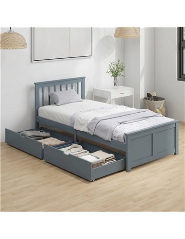 HOMCOM Pine Storage Bed, 3ft Single Solid Wooden Bed Frame with Drawers, Headboard, Wood Slat Support, Grey