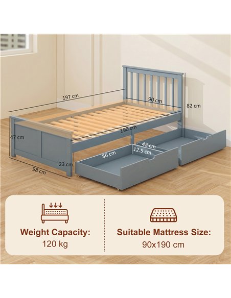 HOMCOM Pine Storage Bed, 3ft Single Solid Wooden Bed Frame with Drawers, Headboard, Wood Slat Support, Grey - pic 207542 | FastDaddyshop