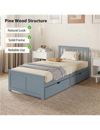 HOMCOM Pine Storage Bed, 3ft Single Solid Wooden Bed Frame with Drawers, Headboard, Wood Slat Support, Grey