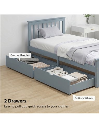 HOMCOM Pine Storage Bed, 3ft Single Solid Wooden Bed Frame with Drawers, Headboard, Wood Slat Support, Grey