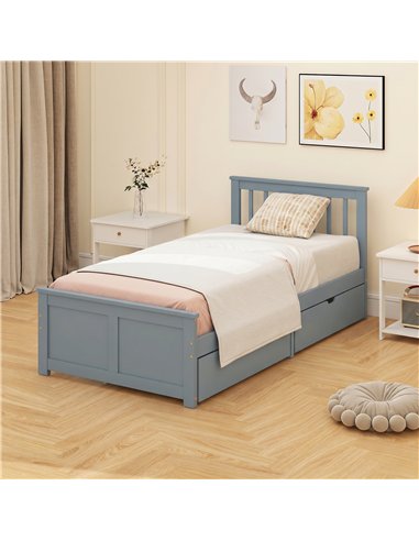 HOMCOM Pine Storage Bed, 3ft Single Solid Wooden Bed Frame with Drawers, Headboard, Wood Slat Support, Grey