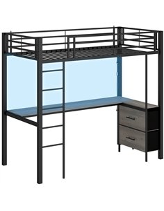 HOMCOM Metal Bunk Bed with Desk, High Sleeper Bed with LED Light and Safety Guardrail for Teens Adults, No Box Spring Needed