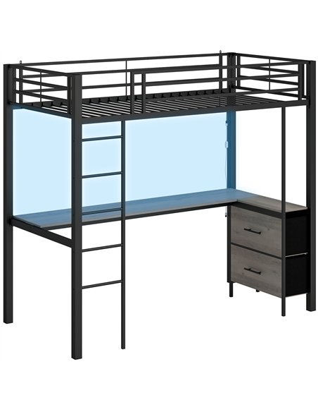 HOMCOM Metal Bunk Bed with Desk, High Sleeper Bed with LED Light and Safety Guardrail for Teens Adults, No Box Spring Needed - pic 207549 | FastDaddyshop