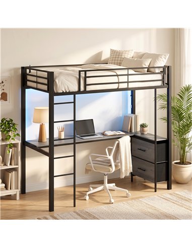 HOMCOM Metal Bunk Bed with Desk, High Sleeper Bed with LED Light and Safety Guardrail for Teens Adults, No Box Spring Needed