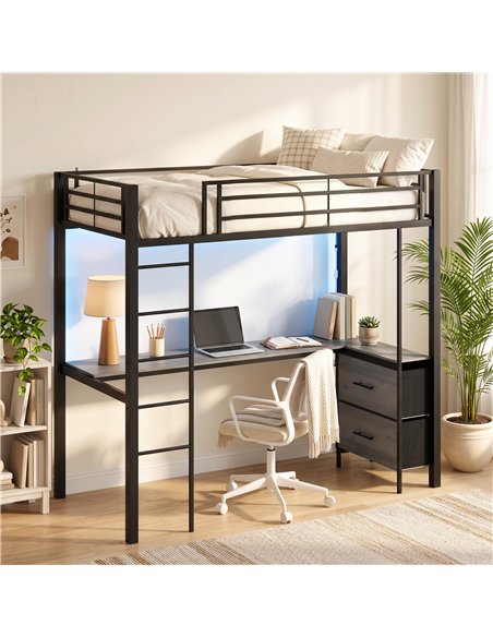 HOMCOM Metal Bunk Bed with Desk, High Sleeper Bed with LED Light and Safety Guardrail for Teens Adults, No Box Spring Needed - pic 207550 | FastDaddyshop