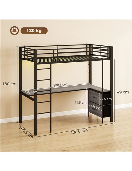 HOMCOM Metal Bunk Bed with Desk, High Sleeper Bed with LED Light and Safety Guardrail for Teens Adults, No Box Spring Needed - pic 207551 | FastDaddyshop