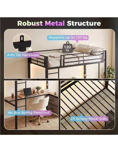 HOMCOM Metal Bunk Bed with Desk, High Sleeper Bed with LED Light and Safety Guardrail for Teens Adults, No Box Spring Needed - pic 207552 | FastDaddyshop