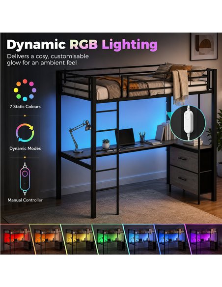 HOMCOM Metal Bunk Bed with Desk, High Sleeper Bed with LED Light and Safety Guardrail for Teens Adults, No Box Spring Needed - pic 207553 | FastDaddyshop