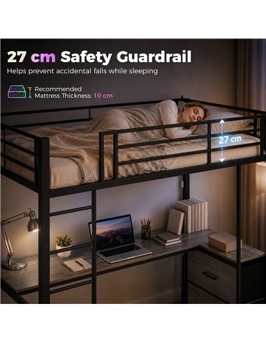 HOMCOM Metal Bunk Bed with Desk, High Sleeper Bed with LED Light and Safety Guardrail for Teens Adults, No Box Spring Needed