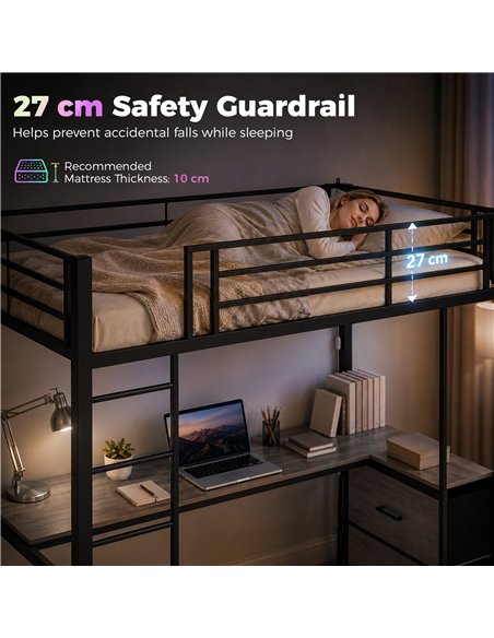 HOMCOM Metal Bunk Bed with Desk, High Sleeper Bed with LED Light and Safety Guardrail for Teens Adults, No Box Spring Needed - pic 207554 | FastDaddyshop