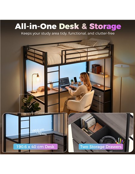 HOMCOM Metal Bunk Bed with Desk, High Sleeper Bed with LED Light and Safety Guardrail for Teens Adults, No Box Spring Needed - pic 207555 | FastDaddyshop